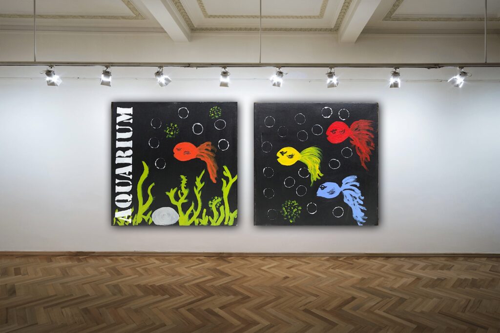 Aquarium 1+2 er malerier fra Gallerihimlen malet på 30 x 30 cm lærred spændt op på 7 cm tyk blindramme