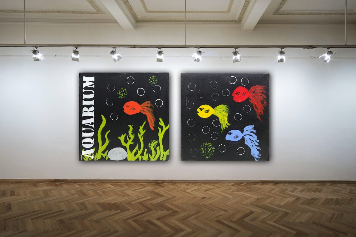 Aquarium 1+2 er malerier fra Gallerihimlen malet på 30 x 30 cm lærred spændt op på 7 cm tyk blindramme