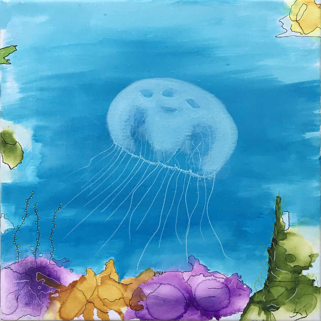 Maleriet Jolly Jellyfish på 40x40 cm fra Gallerihimlen er fra serien Gopler