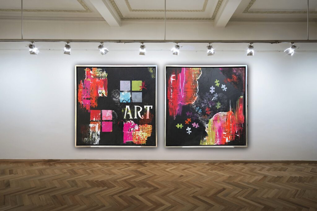 Modern Art 1+2 er malerier fra Gallerihimlen malet på 60 x 60 cm lærred med ramme