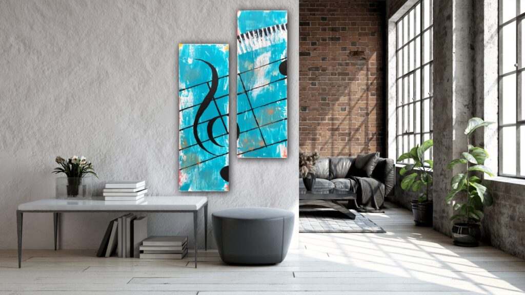 Music was my first Love 1+2 er malerier fra Gallerihimlen malet på 20 x 60 cm lærred