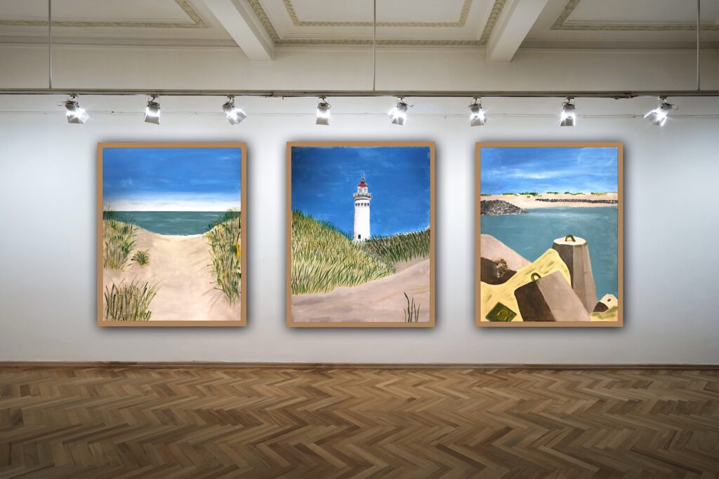 Hvide Sande 1+2+3 er malerier fra Gallerihimlen malet på 40x50 cm lærred med ramme i lys/natur